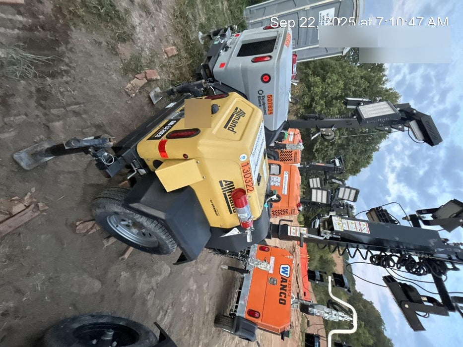 2021 Allmand NLV3GR (4) LED Light Fixture 350W, 23' Vertical Mast, 3kW Prime, Towable, Deep Sea L401, Leveling Jacks, Yanmar T4F 5.8hp