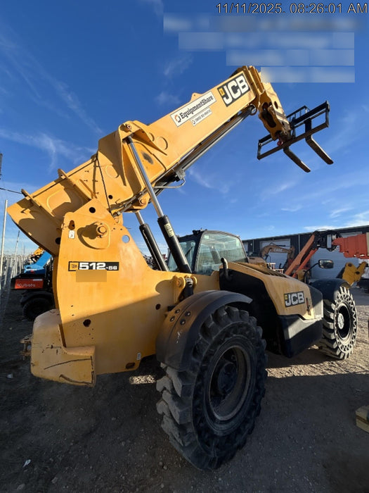 2019 JCB 512-56 109 HP w/CAB/HVAC, Beacon, Aux Hydraulics, Worklights, Solid Tires w/60" Carriage/Forks