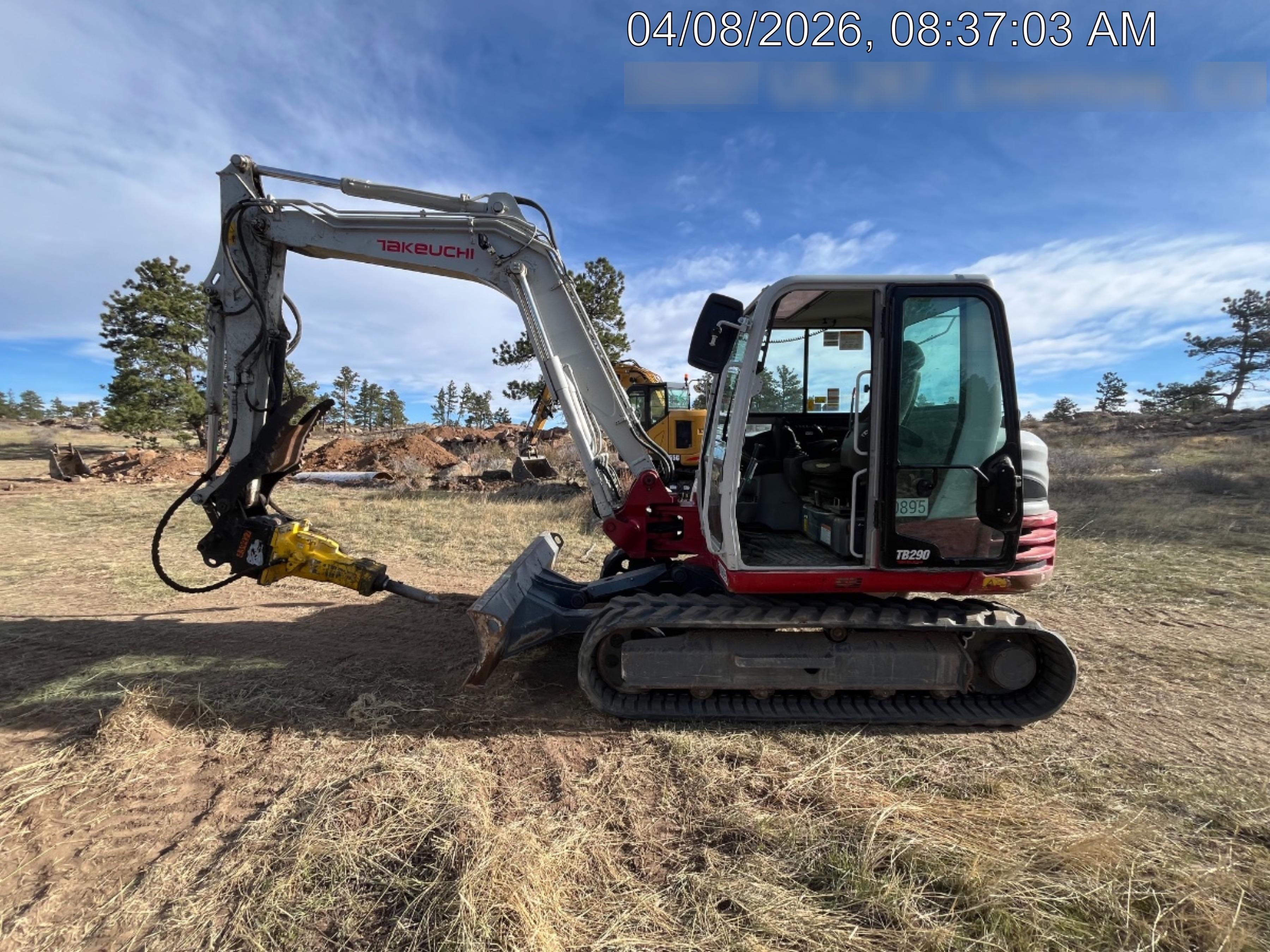 2019 Takeuchi TB290 Cab, AC, Rubber Tracks, Dozer Blade, Travel Alarm, Control Pattern Change Valve, Auxiliary Hydraulics w/18" Quick Coupler Bucket with teeth, 6.2 cu. ft. capacity/24" Quick Coupler Bucket with teeth, 8.6 cu. ft. capacity/36" Quick Coupler Bucket with teeth, 13.4 cu. ft. capacity, Quick Coupler, Hydraulic Thumb Installed