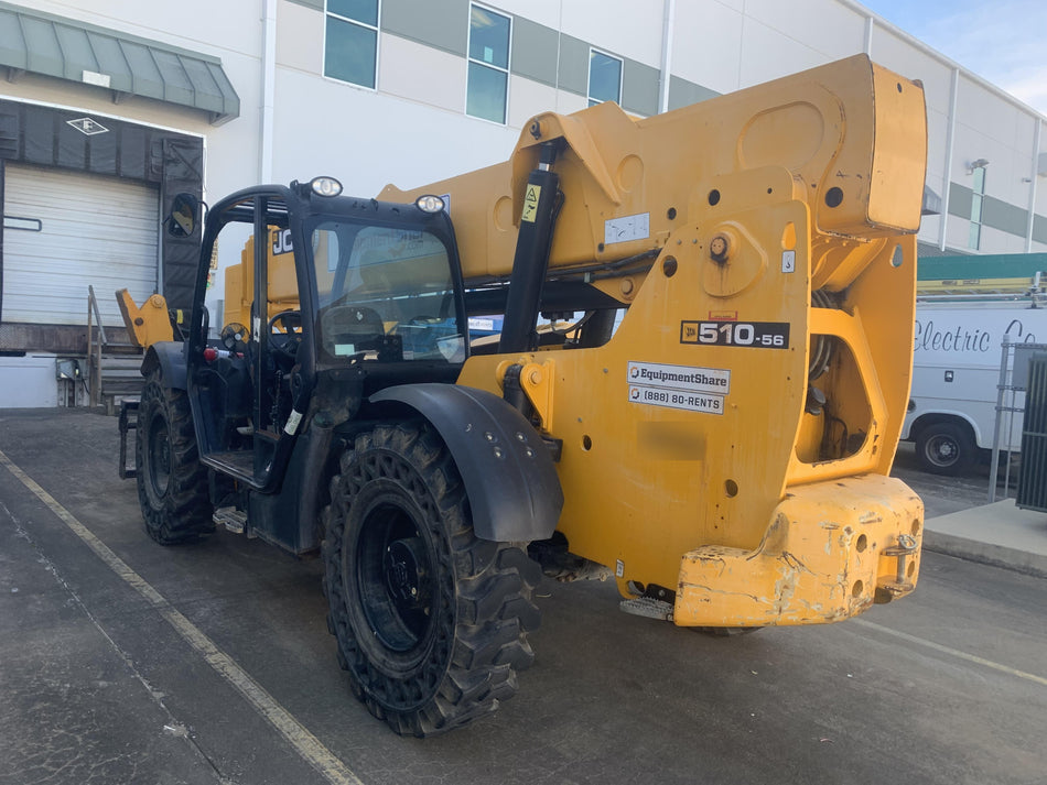 2019 JCB 510-56 74 HP w/Open ROPS, Beacon, Aux Hydraulics, Worklights, Solid Tires w/60" Carriage/Forks
