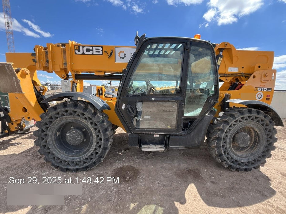 2020 JCB 510-56 Cab/Heat/Air, 74 HP, Solid Tires, STD Worklight, Beacon, Aux Hydraulics, Lifting Eye, Back up Alarm w/66" Carriage/60" Forks