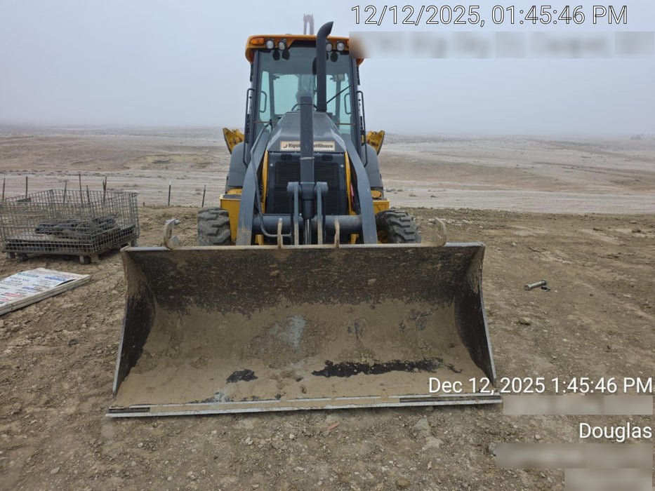 2019 John Deere 410L 4WD, CAB/HVAC, Standard Dipperstick, ISO Controls, Rear Aux Hydraulics, Manual QC, 1.5 Yd Bucket w/Forks, 24" Bucket