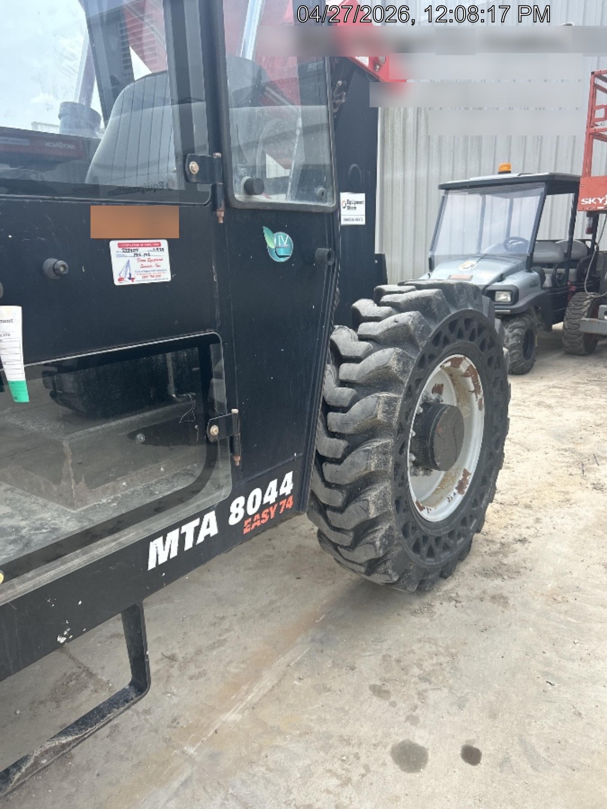 2019 Manitou MTA8044 74hp T4F, Cab/Heat/Air, Cab and Boom LED work lights, Auxiliary Hydraulics, Solid Tires, Amber strobe, Lift Hook 66" Carriage, 60" Forks