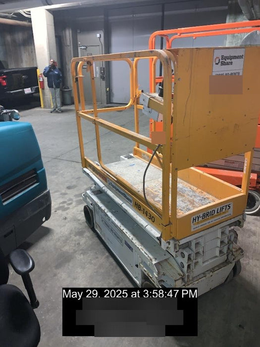 Custom Equipment HB-1430 Hy-Brid Scissor Lift
Platform capacity up to 670 lbs
Working height up to 20 ft
Weighs under 1,700 lbs
Non-marking wheels