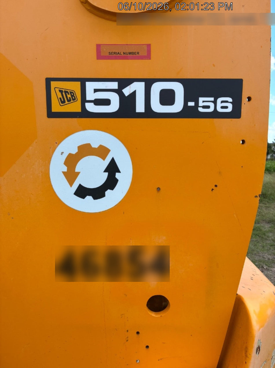 2019 JCB 510-56 Canopy, 74 HP, Solid Tires, STD Worklight, Beacon, Aux Hydraulics, Lifting Eye, Back up Alarm w/66" Carriage/60" Forks