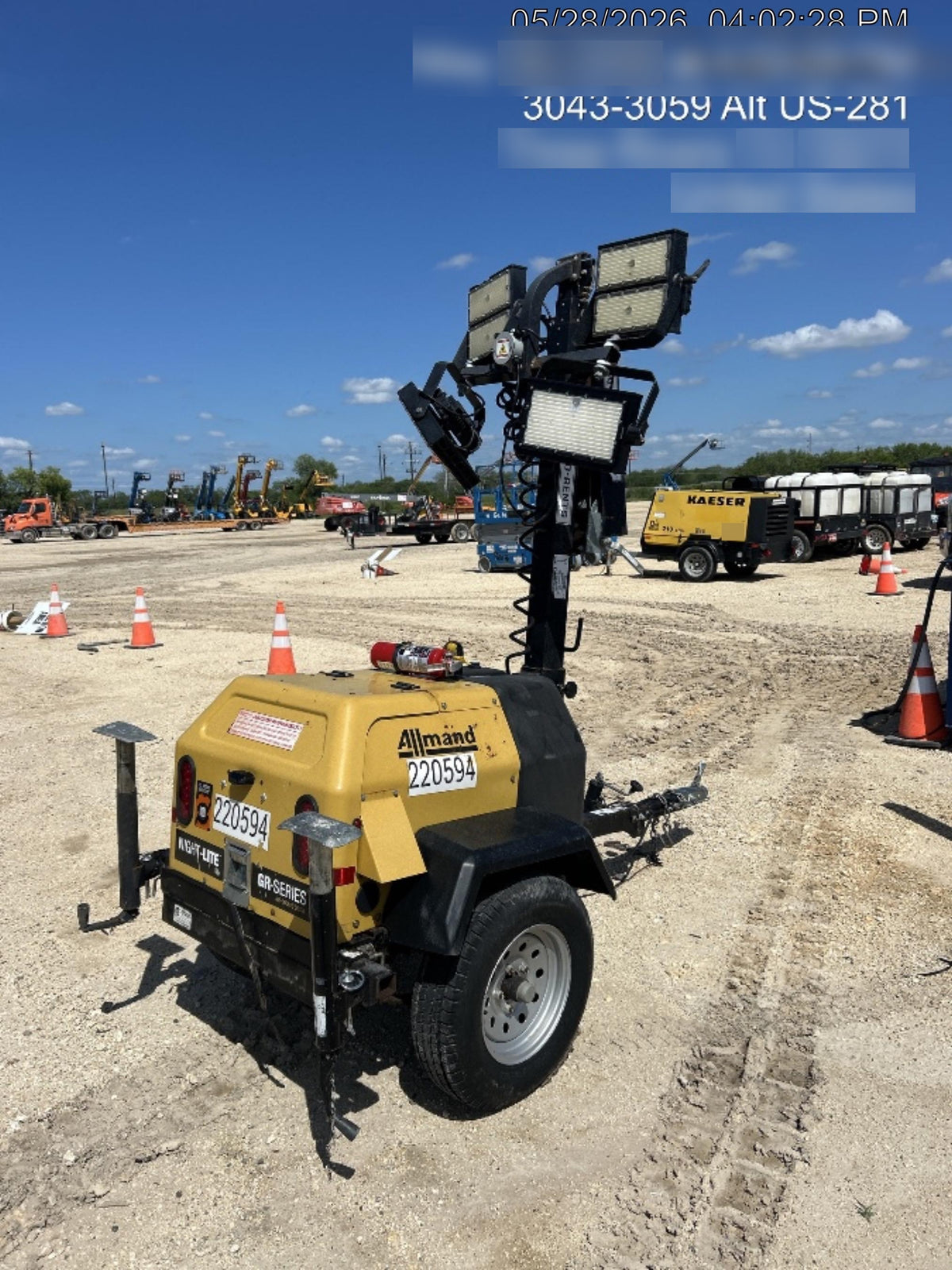 2022 Allmand NLV3GR (4) LED Light Fixture 350W, 23' Vertical Mast, 3kW Prime, Towable, Deep Sea L401, Leveling Jacks, Yanmar T4F 5.8hp