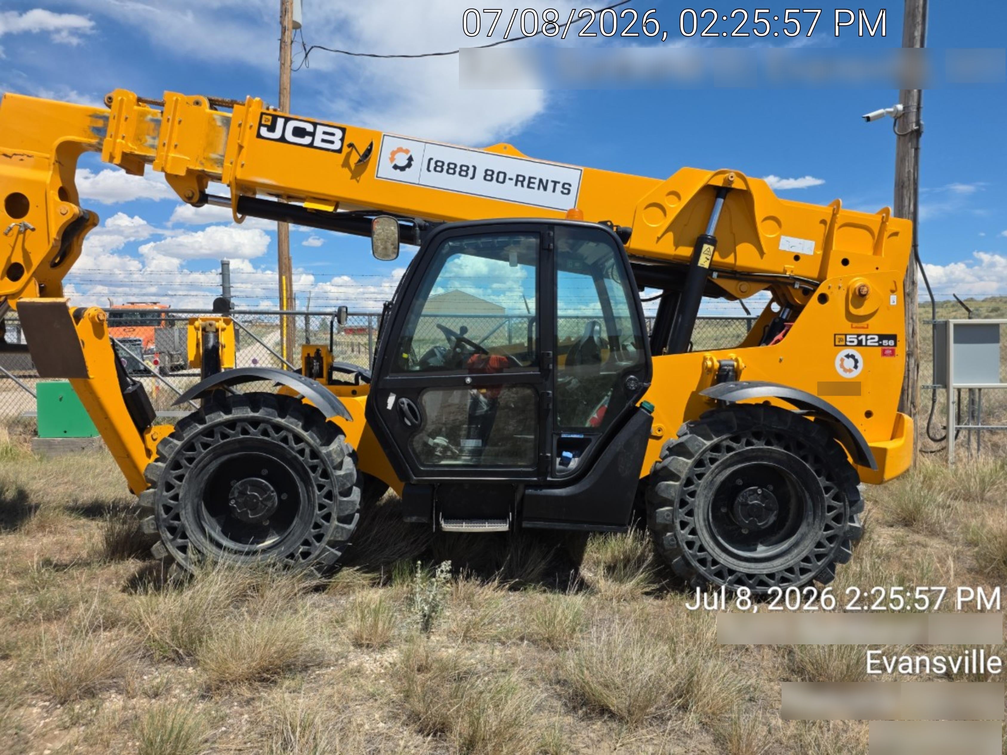 2019 JCB 512-56 Cab/Heat/Air, 109 HP, Solid Tires, STD Worklight, Beacon, Aux Hydraulics, Lifting Eye, Back up Alarm w/66" Carriage/60" Forks