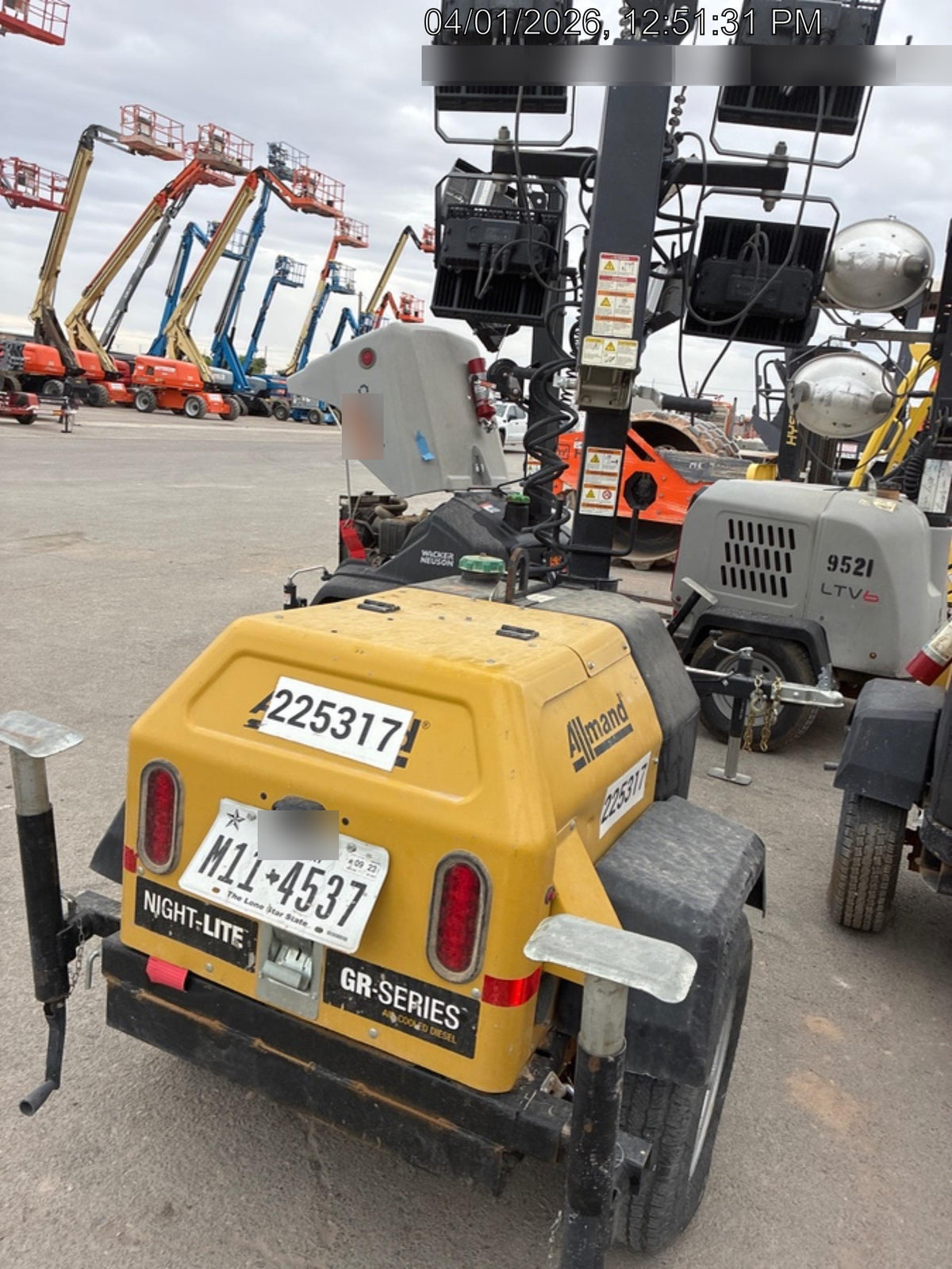 2022 Allmand NLV3GR (4) LED Light Fixture 350W, 23' Vertical Mast, 3kW Prime, Towable, Deep Sea L401, Leveling Jacks, Yanmar T4F 5.8hp