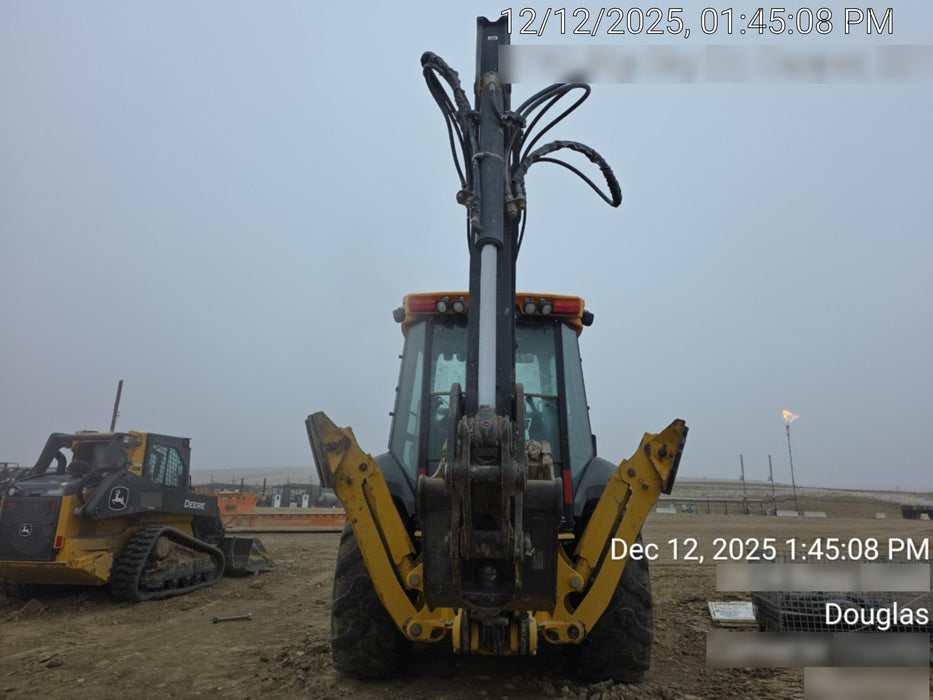 2019 John Deere 410L 4WD, CAB/HVAC, Standard Dipperstick, ISO Controls, Rear Aux Hydraulics, Manual QC, 1.5 Yd Bucket w/Forks, 24" Bucket