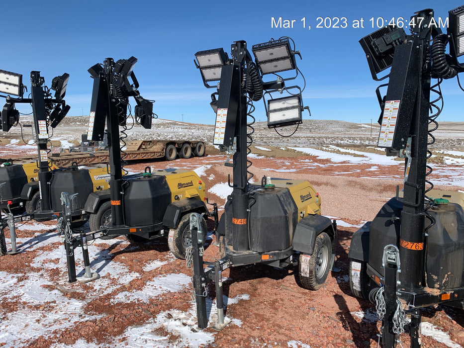 2022 Allmand NLV3GR (4) LED Light Fixture 350W, 23' Vertical Mast, 3kW Prime, Towable, ES Decals, T3
