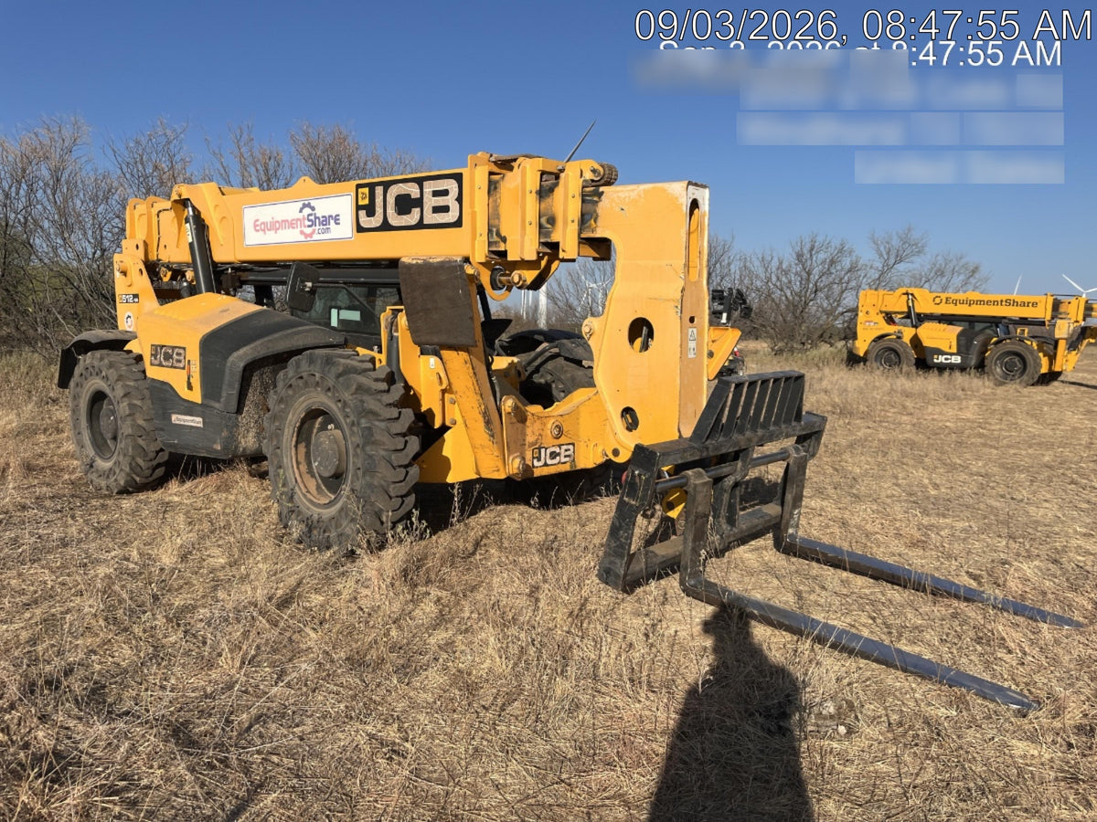 2019 JCB 512-56 109 HP w/Open ROPS, Beacon, Aux Hydraulics, Worklights, Solid Tires 60" Carriage/Forks