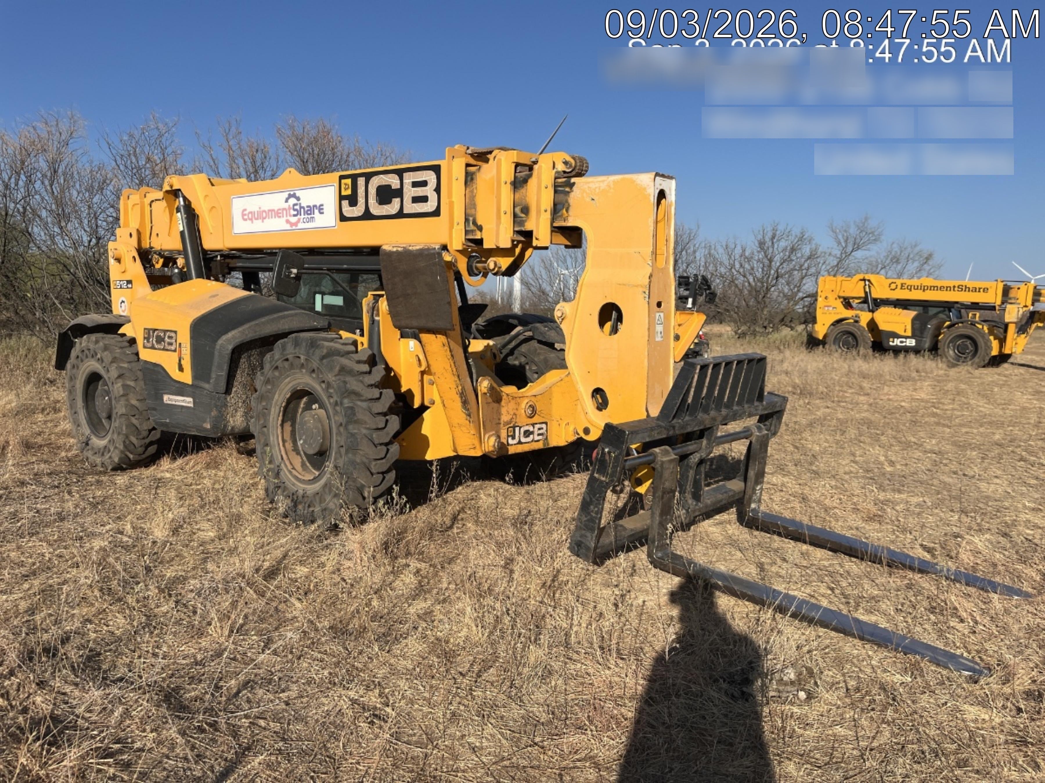 2019 JCB 512-56 109 HP w/Open ROPS, Beacon, Aux Hydraulics, Worklights, Solid Tires 60" Carriage/Forks