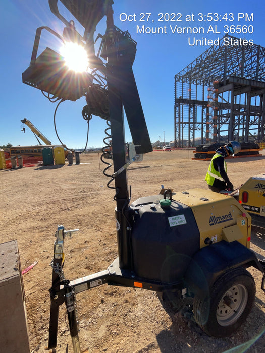 2022 Allmand NLV3GR (4) LED Light Fixture 350W, 23' Vertical Mast, 3kW Prime, Towable, Deep Sea L401, Leveling Jacks, Yanmar T4F 5.8hp