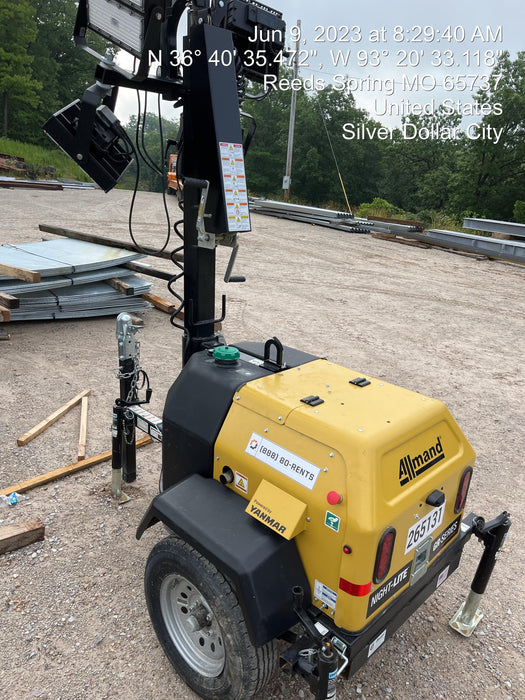 2022 Allmand NLV3GR (4) LED Light Fixture 350W, 23' Vertical Mast, 3kW Prime, Towable, ES Decals, T3