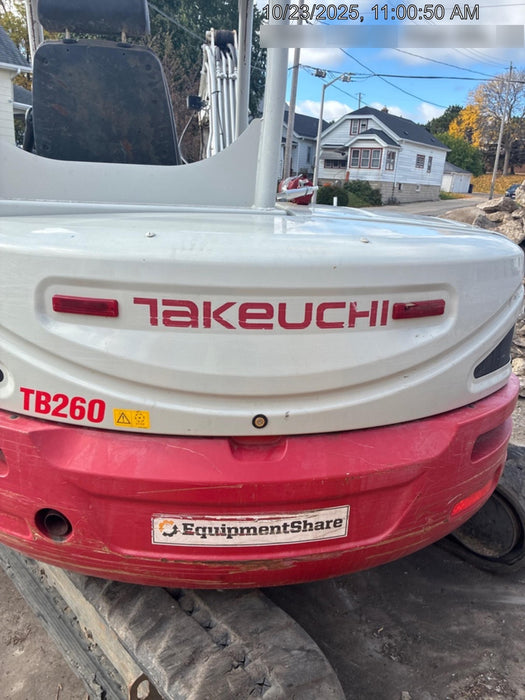 2019 Takeuchi TB260 Takeuchi TB260 Canopy w/Rubber Tracks, Auxiliary Hydraulics, Standard Blade, Manual QC, 12 / 18 / 24" Buckets, Hydraulic Thumb Installed