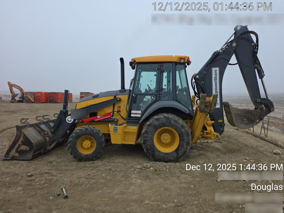 2019 John Deere 410L 4WD, CAB/HVAC, Standard Dipperstick, ISO Controls, Rear Aux Hydraulics, Manual QC, 1.5 Yd Bucket w/Forks, 24" Bucket