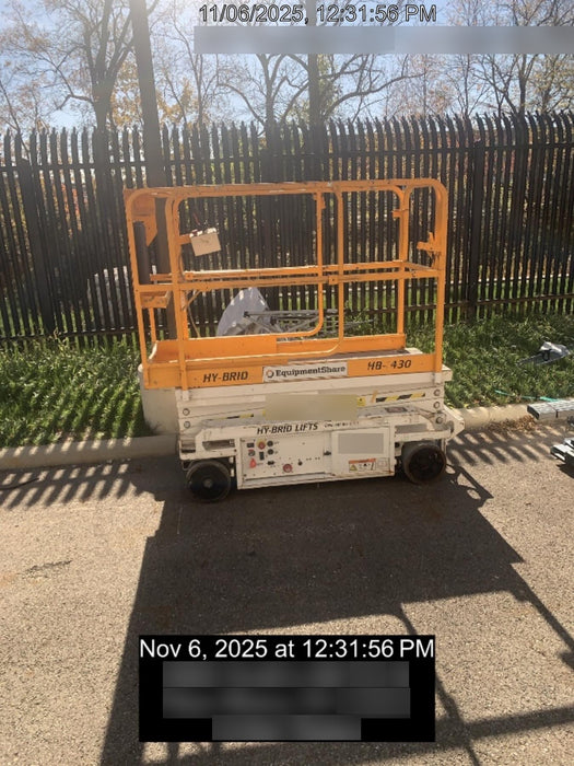 Custom Equipment HB-1430 Hy-Brid Scissor Lift
Platform capacity up to 670 lbs
Working height up to 20 ft
Weighs under 1,700 lbs
Non-marking wheels