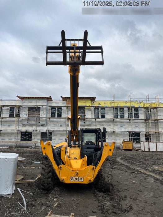 2019 JCB 510-56 Open ROPS, 74 HP, Solid Tires, Worklights, Beacon, Aux Hydraulics, Lifting Eye w/66" Carriage/60" Forks