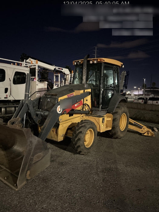 2019 John Deere 410L 4WD, CAB/HVAC, Standard Dipperstick, ISO Controls, Rear Aux Hydraulics, Manual QC w/1.5 Yd Bucket w/Forks, 24" Bucket