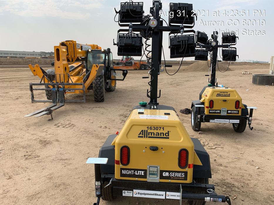 2021 Allmand NLV3GR (4) LED Light Fixture 350W, 23' Vertical Mast, 3kW Prime, Towable, Deep Sea L401, Leveling Jacks, Yanmar T4F 5.8hp