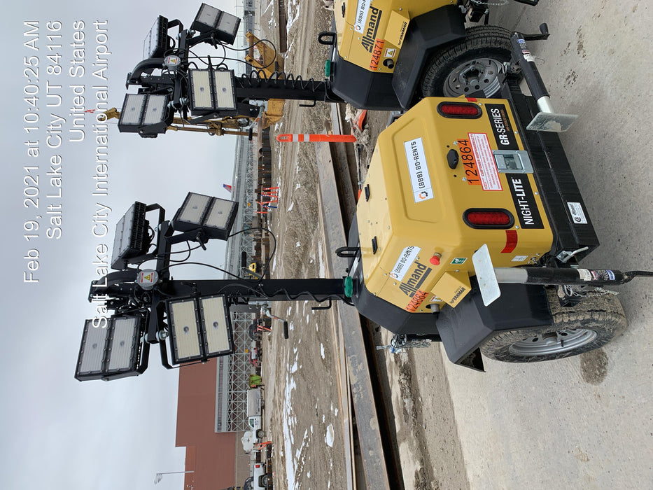 2020 Allmand NLV3GR (4) LED Light Fixture 350W, 23' Vertical Mast, 3kW Prime, Towable, Deep Sea L401, Leveling Jacks, Yanmar T4F 5.8hp