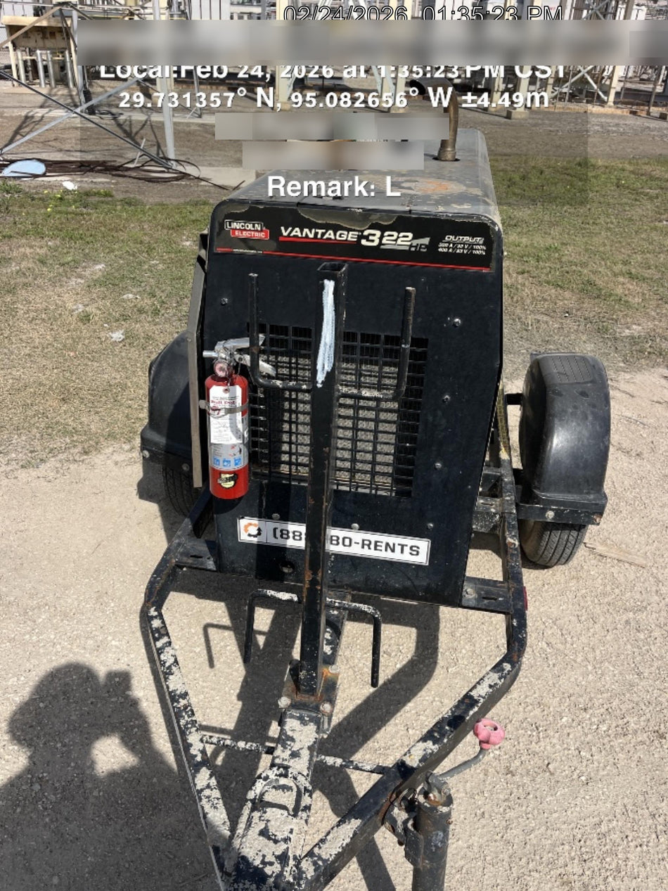 2019 Lincoln Electric Vantage 322 Ready-Pak 3, Two Wheel Trailer, Fender and Light Kit, Cable Rack