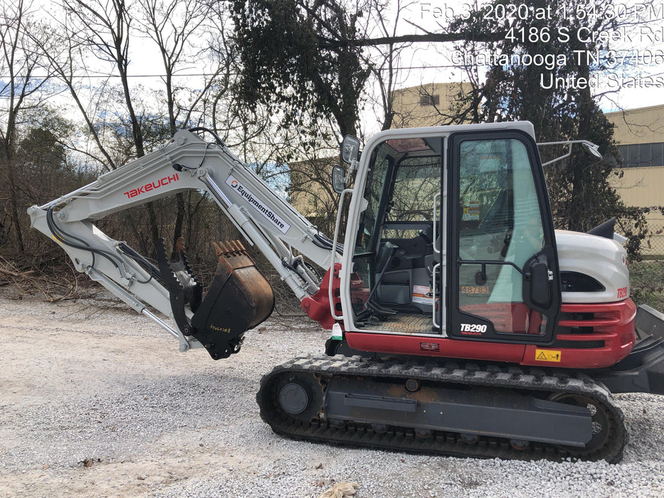 2019 Takeuchi TB290 Cab, AC, Rubber Tracks, Dozer Blade, Travel Alarm, Control Pattern Change Valve, Auxiliary Hydraulics w/18" Quick Coupler Bucket with teeth, 6.2 cu. ft. capacity/24" Quick Coupler Bucket with teeth, 8.6 cu. ft. capacity/36" Quick Coupler Bucket with teeth, 13.4 cu. ft. capacity, Quick Coupler, Hydraulic Thumb Installed