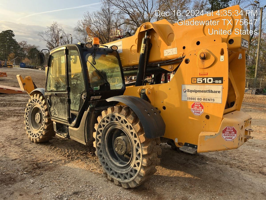 2019 JCB 510-56 74 HP w/CAB/HVAC, Beacon, Worklights, Aux Hydraulics, Solid Tires 72" Carriage/60" Forks