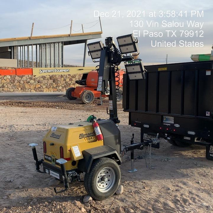 Allmand NLV3GR (4) LED Light Fixture 350W, 23' Vertical Mast, 3kW Prime, Towable, Deep Sea L401, Leveling Jacks, Yanmar T4F 5.8hp