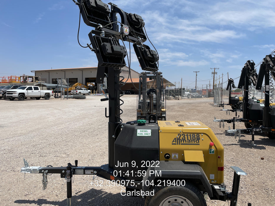 2022 Allmand NLV3GR (4) LED Light Fixture 350W, 23' Vertical Mast, 3kW Prime, Towable, Deep Sea L401, Leveling Jacks, Yanmar T4F 5.8hp