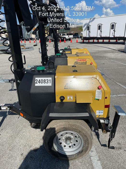 2022 Allmand NLV3GR (4) LED Light Fixture 350W, 23' Vertical Mast, 3kW Prime, Towable, Deep Sea L401, Leveling Jacks, Yanmar T4F 5.8hp