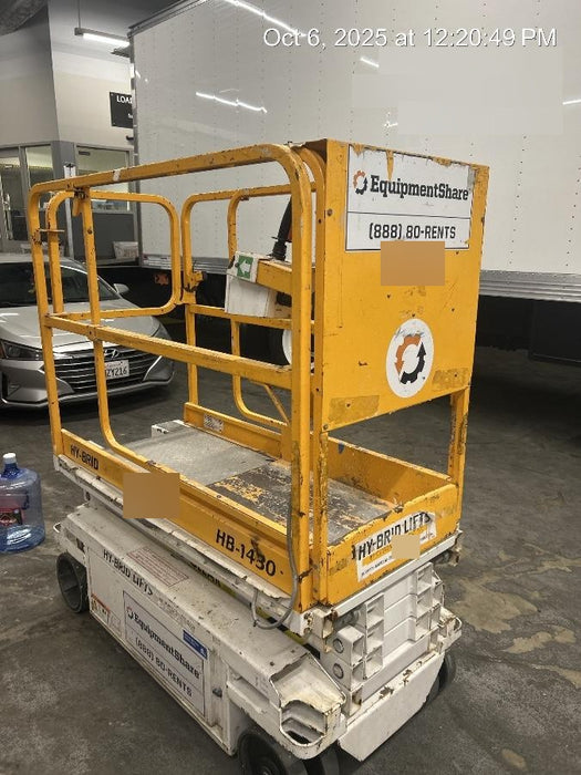 Custom Equipment HB-1430 <ul>
 <li>Hy-Brid Scissor Lift</li>
  <li>Platform capacity up to 670 lbs.</li>
  <li>Working height up to 20 ft</li>
  <li>Weighs under 1,700 lbs.</li>
  <li>Non-marking wheels </li>
</ul>