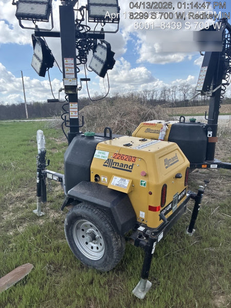 2022 Allmand NLV3GR (4) LED Light Fixture 350W, 23' Vertical Mast, 3kW Prime, Towable, Deep Sea L401, Leveling Jacks, Yanmar T4F 5.8hp