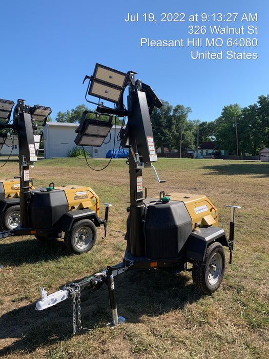 2022 Allmand NLV3GR (4) LED Light Fixture 350W, 23' Vertical Mast, 3kW Prime, Towable, Deep Sea L401, Leveling Jacks, Yanmar T4F 5.8hp