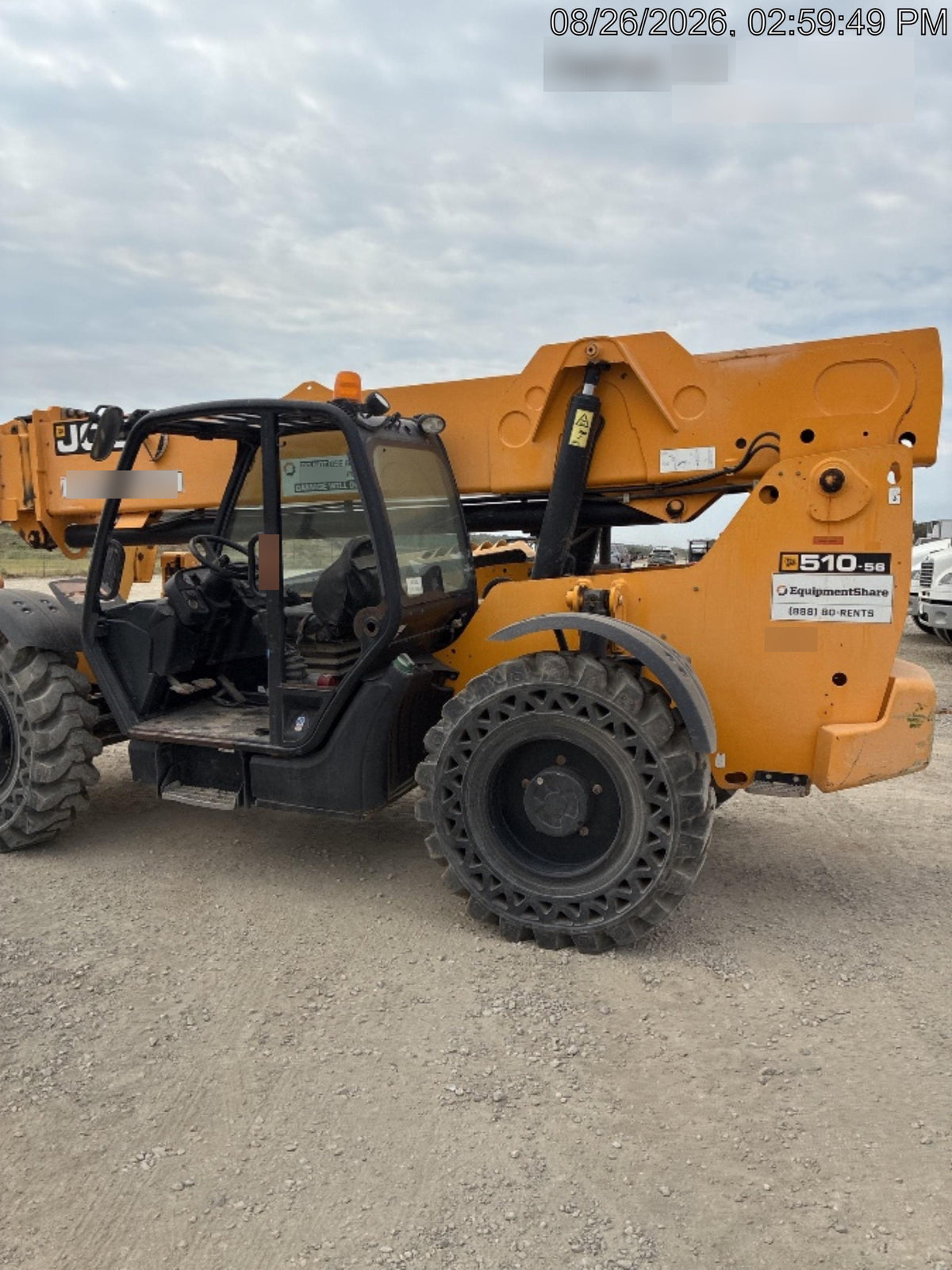 2019 JCB 510-56 Open ROPS, 74 HP, Solid Tires, Worklights, Beacon, Aux Hydraulics, Lifting Eye 66" Carriage/60" Forks