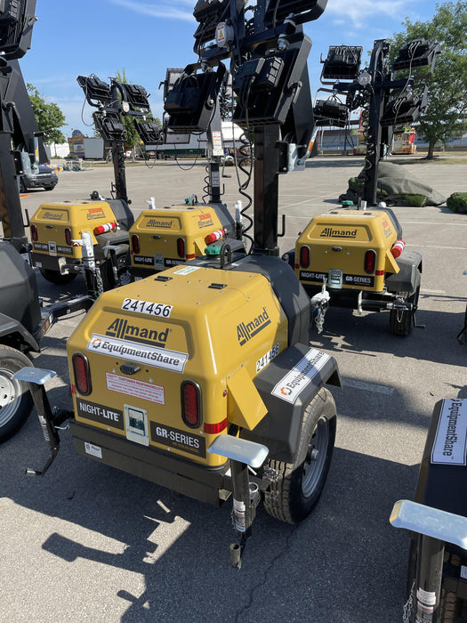 2022 Allmand NLV3GR (4) LED Light Fixture 350W, 23' Vertical Mast, 3kW Prime, Towable, Deep Sea L401, Leveling Jacks, Yanmar T4F 5.8hp