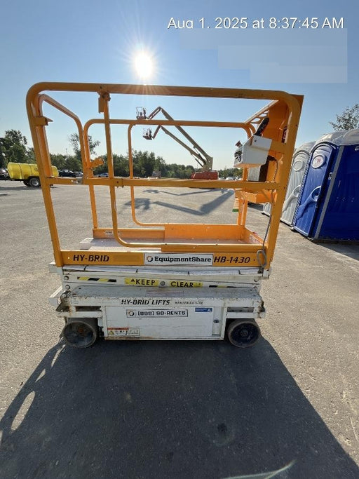 Custom Equipment HB-1430 <ul>
 <li>Hy-Brid Scissor Lift</li>
  <li>Platform capacity up to 670 lbs.</li>
  <li>Working height up to 20 ft</li>
  <li>Weighs under 1,700 lbs.</li>
  <li>Non-marking wheels </li>
</ul>