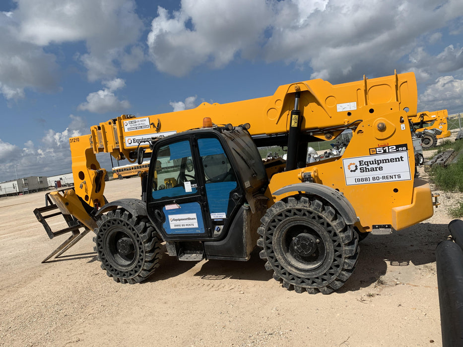 2019 JCB 512-56 Enclosed Cab, 109 HP, Solid Tires, Worklights, Beacon, Aux Hydraulics, Lifting Eye w/60" Carriage/60" Forks