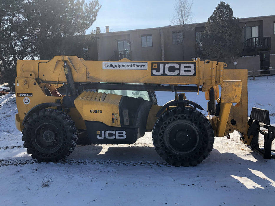 2020 JCB 510-56 Cab/Heat/Air, 74 HP, Solid Tires, STD Worklight, Beacon, Aux Hydraulics, Lifting Eye, Back up Alarm w/66" Carriage/60" Forks