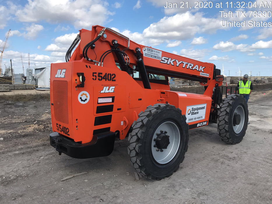 2019 Skytrak 6036 Cab/Heat/Air, Solid Tires, LED Work Lights, Beacon w/50" Carriage, 48" Pallet Forks