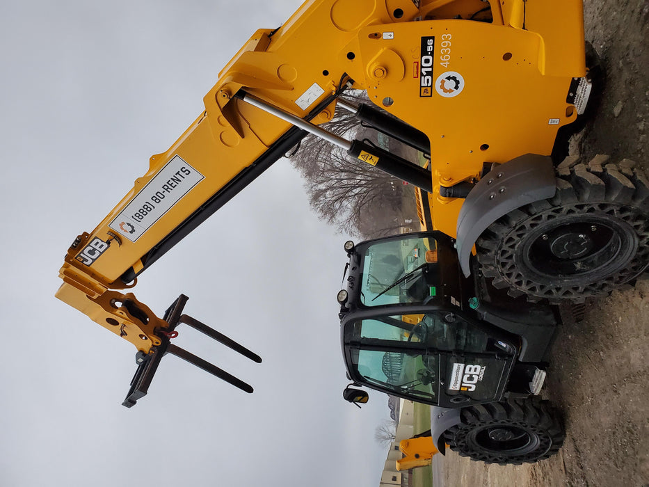 2019 JCB 510-56 Enclosed Cab, 74 HP, Solid Tires, Worklights, Beacon, Aux Hydraulics, Lifting Eye w/66" Carriage/60" Forks