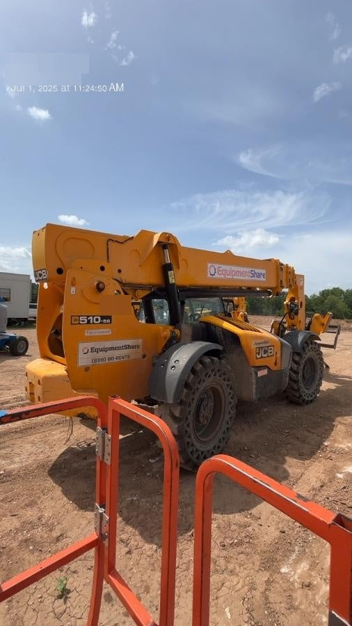 2019 JCB 510-56 74 HP w/Open ROPS, Beacon, Aux Hydraulics, Worklights, Solid Tires w/60" Carriage/Forks