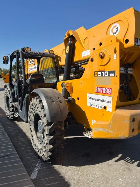 2019 JCB 510-56 74 HP w/Open ROPS, Beacon, Aux Hydraulics, Worklights, Solid Tires w/60" Carriage/Forks