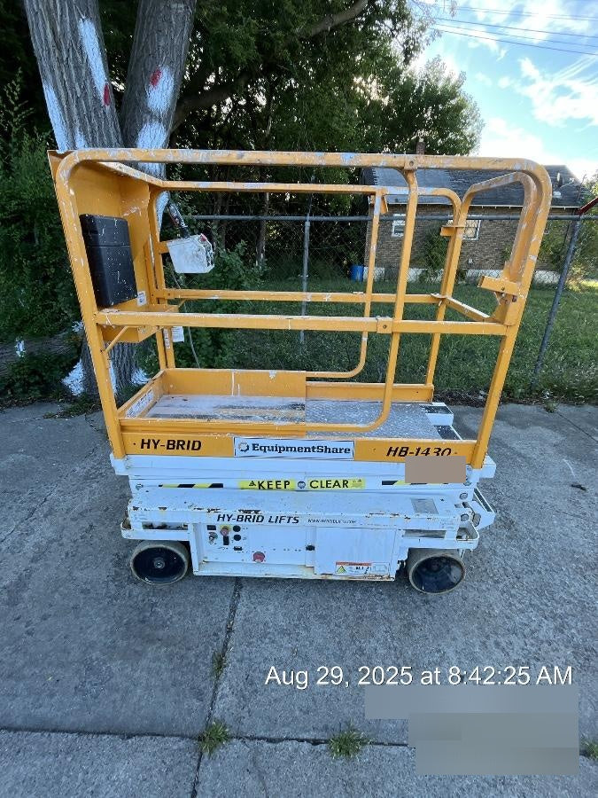 Custom Equipment HB-1430 <ul>
 <li>Hy-Brid Scissor Lift</li>
  <li>Platform capacity up to 670 lbs.</li>
  <li>Working height up to 20 ft</li>
  <li>Weighs under 1,700 lbs.</li>
  <li>Non-marking wheels </li>
</ul>
