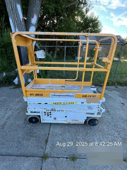Custom Equipment HB-1430 <ul>
 <li>Hy-Brid Scissor Lift</li>
  <li>Platform capacity up to 670 lbs.</li>
  <li>Working height up to 20 ft</li>
  <li>Weighs under 1,700 lbs.</li>
  <li>Non-marking wheels </li>
</ul>