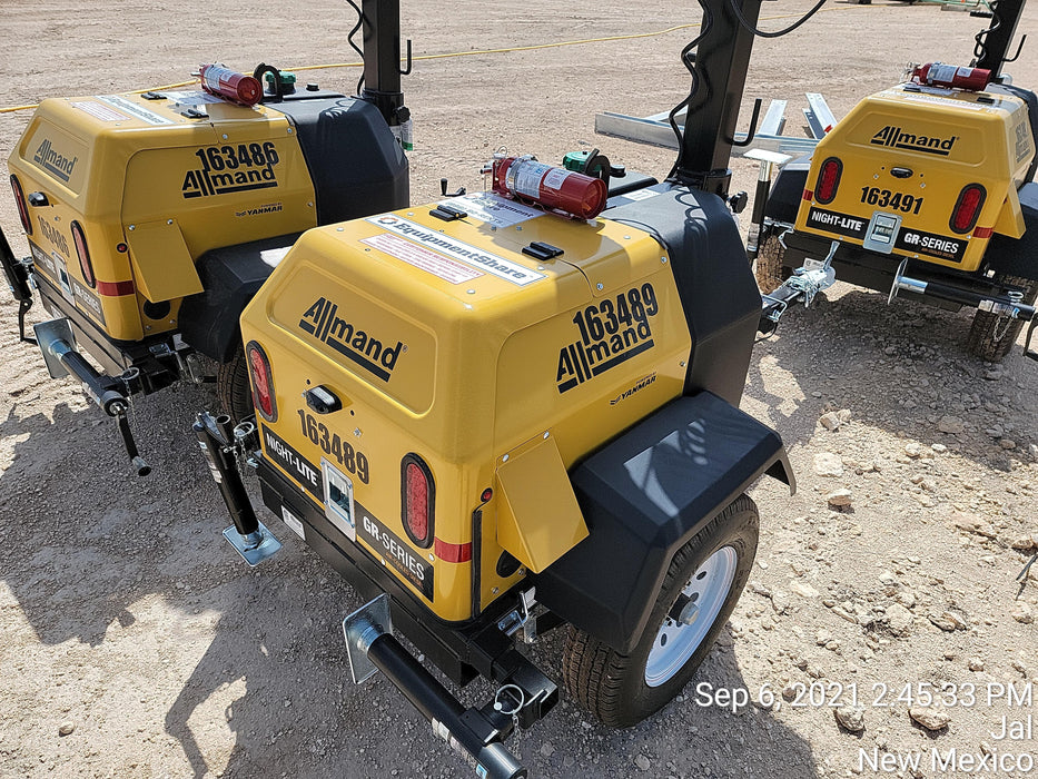 2021 Allmand NLV3GR (4) LED Light Fixture 350W, 23' Vertical Mast, 3kW Prime, Towable, Deep Sea L401, Leveling Jacks, Yanmar T4F 5.8hp