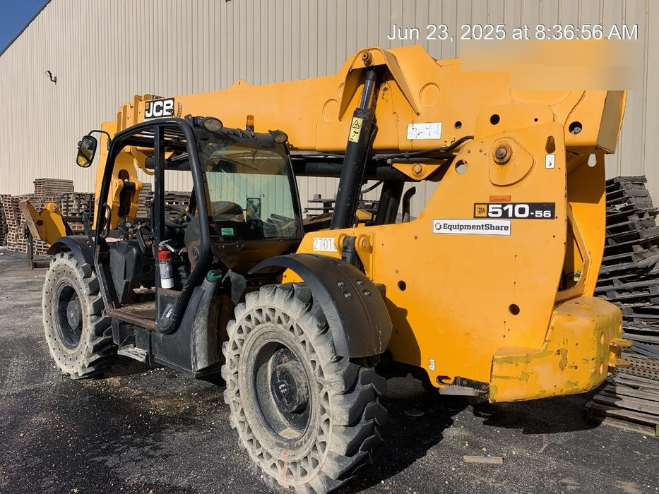 2019 JCB 510-56 74 HP w/Open ROPS, Beacon, Aux Hydraulics, Worklights, Solid Tires w/60" Carriage/Forks