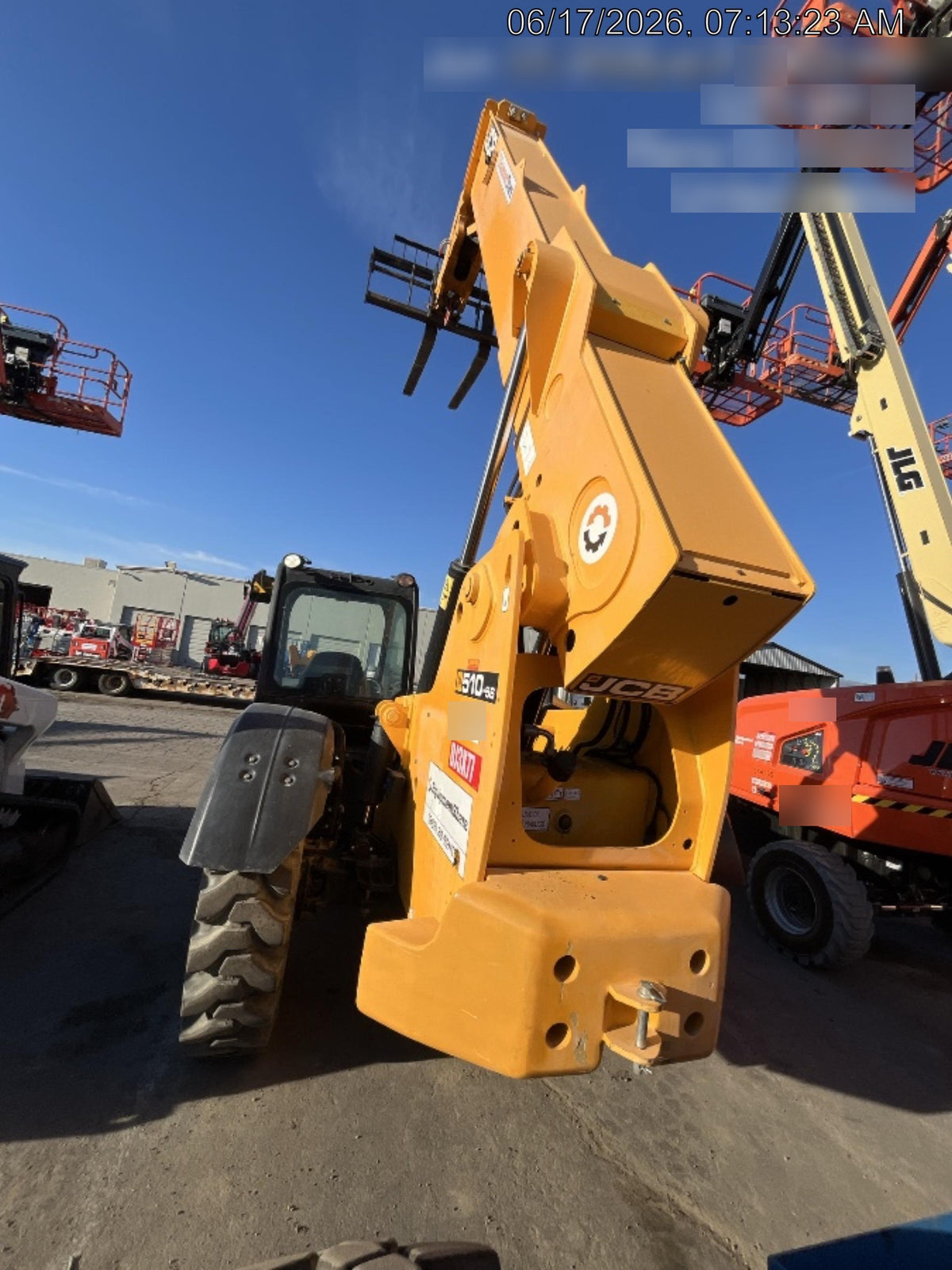 2019 JCB 510-56 74 HP w/Open ROPS, Beacon, Aux Hydraulics, Worklights, Solid Tires w/60" Carriage/Forks