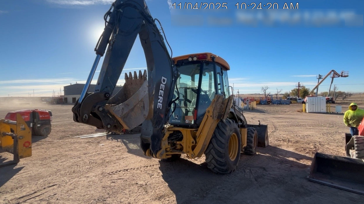 2019 John Deere 410L 4WD, CAB/HVAC, Standard Dipperstick, ISO Controls, Rear Aux Hydraulics, Manual QC w/1.5 Yd Bucket w/Forks, 24" Bucket