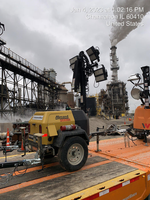 2022 Allmand NLV3GR (4) LED Light Fixture 350W, 23' Vertical Mast, 3kW Prime, Towable, Deep Sea L401, Leveling Jacks, Yanmar T4F 5.8hp